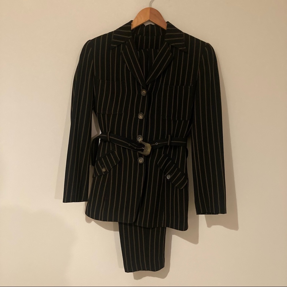 Dana Buchman Chocolate Brown / Tan Stripe Belted Suit w/Tortoise Buttons